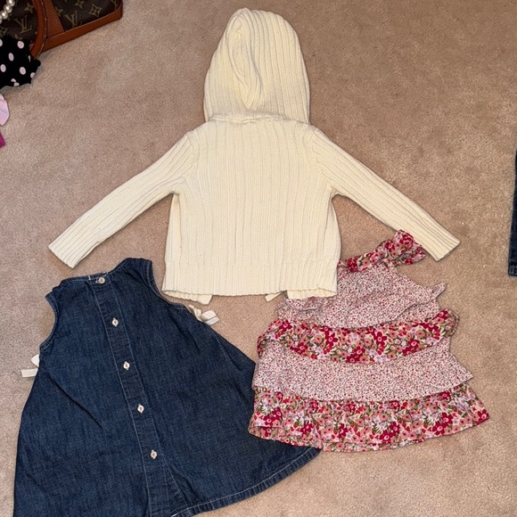 Cream Knit Hoodie with Floral Shirt and Denim Dress Set 18-24 months - Picture 2 of 5